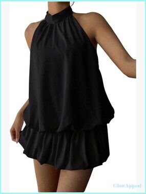 Y2K Backless Ruffle Bubble Halter Mini Dress, Self Tie, Polyester